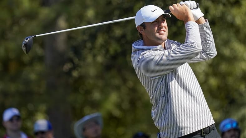 Nov 13, 2021; Houston, Texas, USA; Scottie Scheffler drives off the first tee during the third round of the Houston Open golf tournament. Mandatory Credit: Thomas Shea-USA TODAY Sports