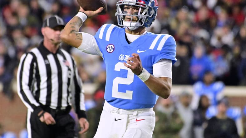 Nov 13, 2021; Oxford, Mississippi, USA; Mississippi Rebels quarterback Matt Corral (2) throws a pass against the Texas A&M Aggies during the first quarter at Vaught-Hemingway Stadium. Mandatory Credit: Matt Bush-USA TODAY Sports