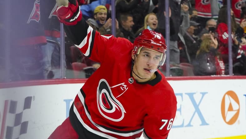 Nov 13, 2021; Raleigh, North Carolina, USA; Carolina Hurricanes defenseman Brady Skjei (76) celebrates after scoring a first period goal against the St. Louis Blues at PNC Arena. Mandatory Credit: James Guillory-USA TODAY Sports