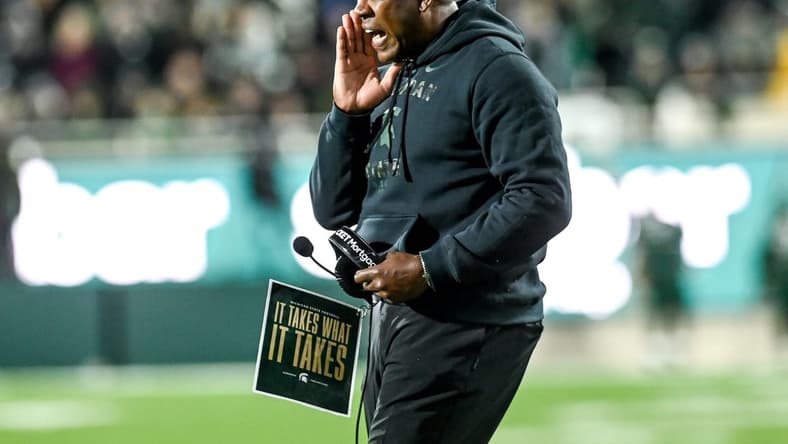 Michigan State's head coach Mel Tucker calls out to players during the fourth quarter in the game against Maryland on Saturday, Nov. 13, 2021, at Spartan Stadium in East Lansing.
211113 Msu Maryland 160a
