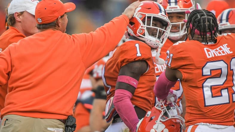 Clemson head coach Dabo Swinney celebrates a fumble recovery by Clemson safety Andrew Mukuba (1) during the fourth quarter Oct 30, 2021 in Clemson, South Carolina.

Ncaa Football Florida State At Clemson