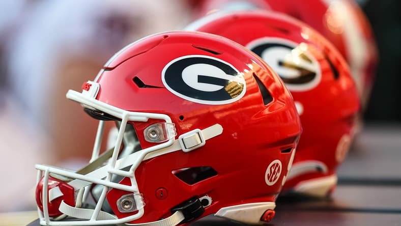 Nov 13, 2021; Knoxville, Tennessee, USA; Georgia Bulldogs helmets sit on the sideline in a game against the Tennessee Volunteers at Neyland Stadium. Mandatory Credit: Bryan Lynn-USA TODAY Sports