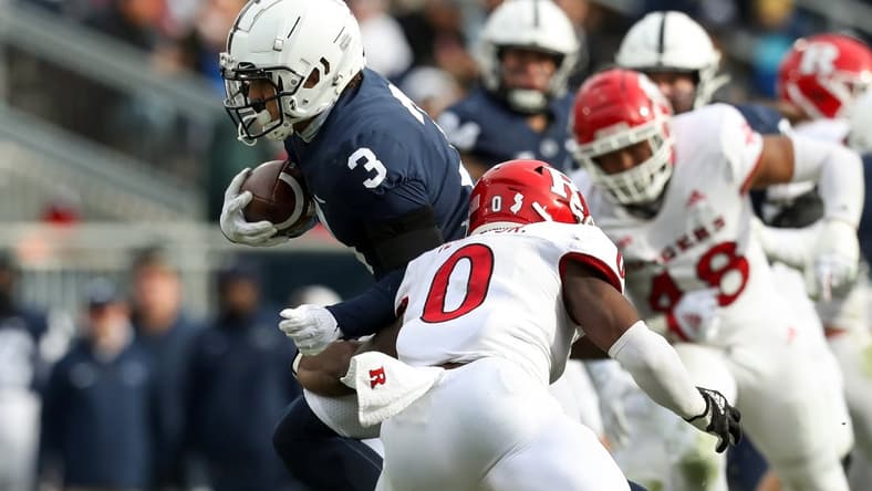 Nov 20, 2021; University Park, Pennsylvania, USA; Penn State Nittany Lions wide receiver Parker Washington (3) runs with the ball during the second quarter against the Rutgers Scarlet Knights at Beaver Stadium. Mandatory Credit: Matthew OHaren-USA TODAY Sports