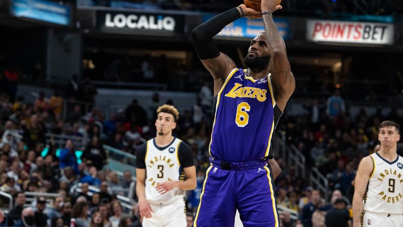 Nov 24, 2021; Indianapolis, Indiana, USA; Los Angeles Lakers forward LeBron James (6) shoots the ball in the second half against the Indiana Pacers at Gainbridge Fieldhouse. Mandatory Credit: Trevor Ruszkowski-USA TODAY Sports