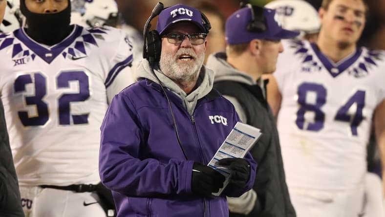Nov 26, 2021; Ames, Iowa, USA; TCU Horned Frogs head coach Jerry Kill watches his team play the Iowa State Cyclones at Jack Trice Stadium. Mandatory Credit: Reese Strickland-USA TODAY Sports