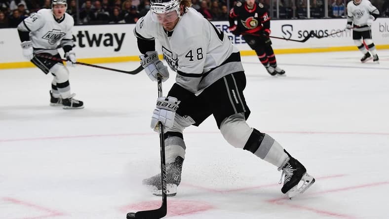 Nov 27, 2021; Los Angeles, California, USA; Los Angeles Kings left wing Brendan Lemieux (48) shoots on goal against the Ottawa Senators during the second period at Staples Center. Mandatory Credit: Gary A. Vasquez-USA TODAY Sports