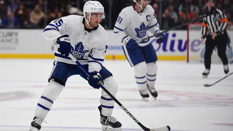 Nov 28, 2021; Anaheim, California, USA; Toronto Maple Leafs center Alexander Kerfoot (15) controls the puck against the Anaheim Ducks during the second period at Honda Center. Mandatory Credit: Gary A. Vasquez-USA TODAY Sports