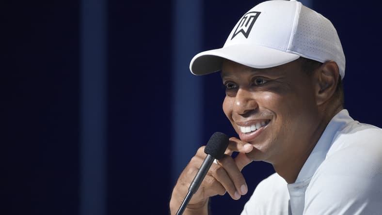 Aug 7, 2018; St. Louis, MO, USA; PGA golfer Tiger Woods addresses the media during a press conference following his practice round of the PGA Championship golf tournament at Bellerive Country Club. Mandatory Credit: John David Mercer-USA TODAY Sports