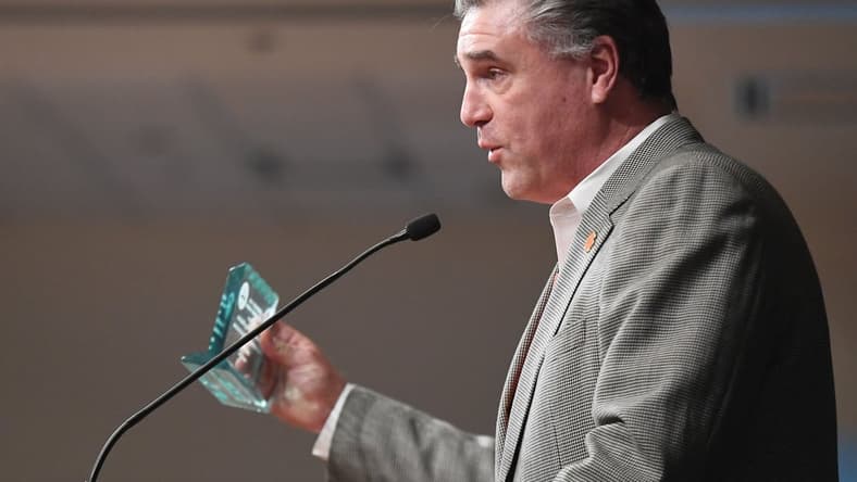 Dan Radakovich, the athletics director at Clemson University, accepts the Abernathy/Cox One Award on behalf of the athletics department during the State of Clemson event held at the Madren Center Tuesday, Feb. 19, 2019. The award is given to on individual and one organization.

Ss State Of Clemson 2019 02 19 935