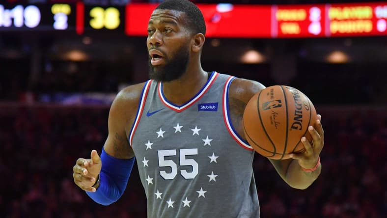 Apr 10, 2019; Philadelphia, PA, USA; Philadelphia 76ers center Greg Monroe (55) during the second quarter against the Chicago Bulls at Wells Fargo Center. Mandatory Credit: Eric Hartline-USA TODAY Sports