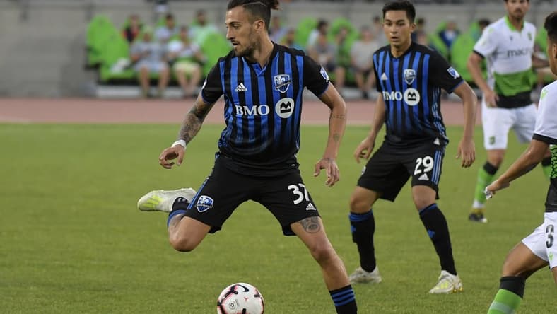 Jul 10, 2019; Toronto, Ontario, CAN;   Montreal Impact forward Maxi Urruti (37) controls a pass to midfielder Mathieu Choiniere (29) against York 9 in the second half of a Canadian Championship soccer match at York Lions Stadium. Mandatory Credit: Dan Hamilton-USA TODAY Sports for CPL