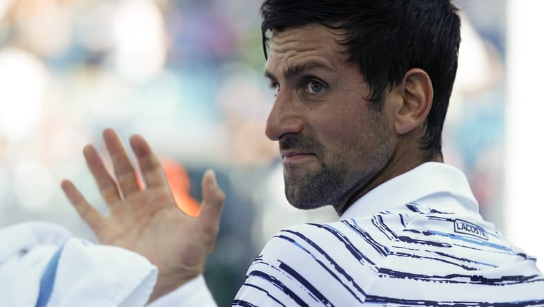 Novak Djokovic waves down the line between games in the first set during the Western & Southern Open match between Novak Djokovic and Sam Querrey at the Lindner Family Tennis Center in Mason, Ohio, on Tuesday, Aug. 13, 2019. Djokovic advanced in straight sets, 7-5, 6-1.
Novak Djokovic Vs Sam Querrey Western Southern Open