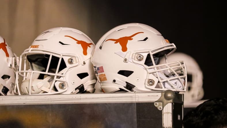 Oct 5, 2019; Morgantown, WV, USA; Texas Longhorns helmets sit in the tunnel at Mountaineer Field at Milan Puskar Stadium. Mandatory Credit: Ben Queen-USA TODAY Sports