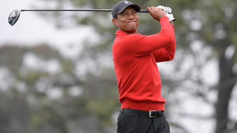 Jan 26, 2020; San Diego, California, USA; Tiger Woods plays his shot from the fifth tee during the final round of the Farmers Insurance Open golf tournament at Torrey Pines Municipal Golf Course - South Co. Mandatory Credit: Orlando Ramirez-USA TODAY Sports