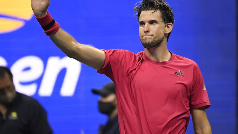 Sep 13 2020; Flushing Meadows, New York, USA; Dominic Thiem of Austria celebrates after his match against Alexander Zverev of Germany (not pictured) in the men's singles final match on day fourteen of the 2020 U.S. Open tennis tournament at USTA Billie Jean King National Tennis Center. Mandatory Credit: Danielle Parhizkaran-USA TODAY Sports