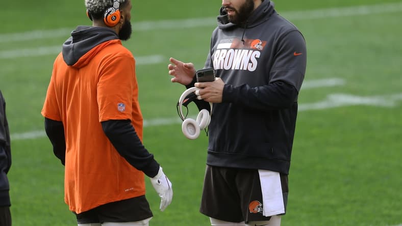 Oct 18, 2020; Pittsburgh, Pennsylvania, USA; Cleveland Browns wide receiver Odell Beckham Jr. (left) and quarterback Baker Mayfield (right) talk on the field before playing the Pittsburgh Steelers at Heinz Field. Mandatory Credit: Charles LeClaire-USA TODAY Sports
