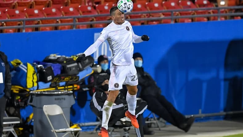 Oct 28, 2020; Dallas, Texas, USA; Inter Miami defender Ben Sweat (22) plays the ball during the second half against FC Dallas at Toyota Stadium. Mandatory Credit: Tim Flores-USA TODAY Sports