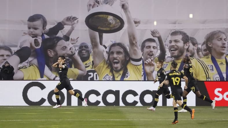 Columbus Crew SC midfielder Lucas Zelarrayan (10) celebrates scoring a goal in the second half of the first leg of the CONCACAF Champions League quarterfinals against CF Monterrey at Crew Stadium in Columbus on Wednesday, April 28, 2021. The teams tied 2-2.
Columbus Crew Sc Vs Cf Monterrey