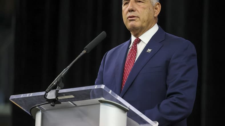 Jul 14, 2021; Arlington, TX, USA;  Big 12 Commissioner Bob Bowlsby speaks to the media during Big 12 media days at AT&T Stadium. Mandatory Credit: Kevin Jairaj-USA TODAY Sports