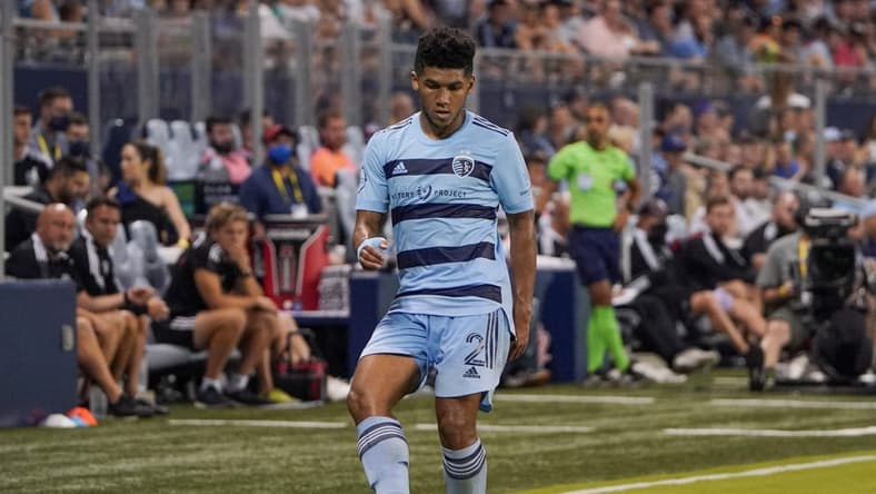 Jun 23, 2021; Kansas City, Kansas, USA; Sporting Kansas City defender Jaylin Lindsey (2) controls the ball during the match against the Colorado Rapids at Children's Mercy Park. Mandatory Credit: Denny Medley-USA TODAY Sports