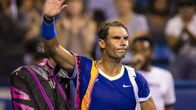 Aug 5, 2021; Washington, DC, USA; Rafael Nadal of Spain waves to fans after his match against Lloyd Harris of South Africa (not pictured) during the Citi Open at Rock Creek Park Tennis Center. Mandatory Credit: Scott Taetsch-USA TODAY Sports