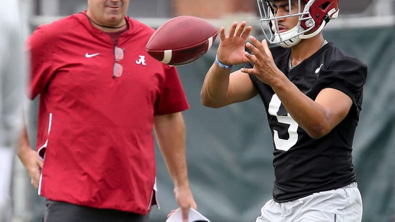 New offensive coordinator Bill O'Brien watches quarterback Bryce Young take a snap during practice. The Alabama Crimson Tide opened practice for the 2021 season as they prepare to defend the 2020 National Championship Friday, Aug. 6, 2021. [Staff Photo/Gary Cosby Jr.]

Alabama First Practice