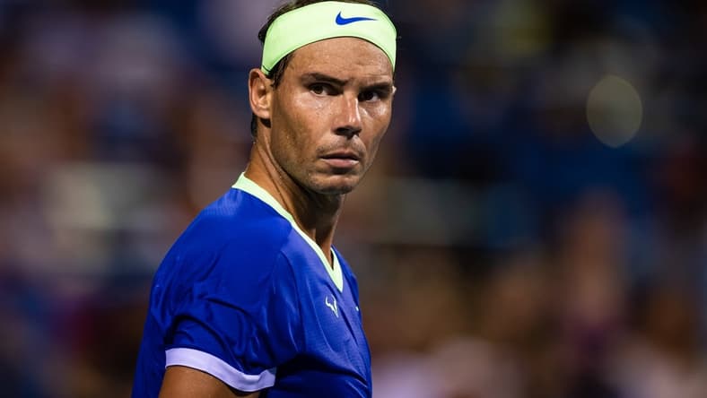 Aug 5, 2021; Washington, DC, USA; Rafael Nadal of Spain reacts after a play against Lloyd Harris of South Africa (not pictured) during the Citi Open at Rock Creek Park Tennis Center. Mandatory Credit: Scott Taetsch-USA TODAY Sports