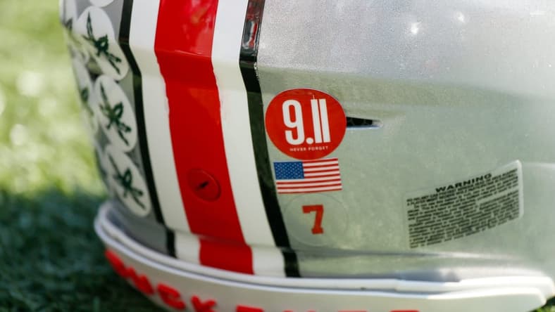 A 9/11 sticker is on the back of Ohio State Buckeyes quarterback C.J. Stroud's helmet prior to the NCAA football game against the Oregon Ducks at Ohio Stadium in Columbus on Saturday, Sept. 11, 2021.

Oregon Ducks At Ohio State Buckeyes Football