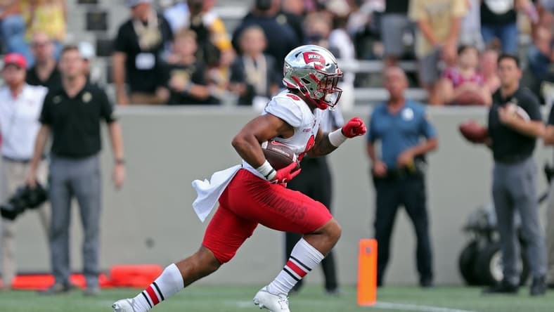Sep 11, 2021; West Point, New York, USA; Western Kentucky Hilltoppers wide receiver Jerreth Sterns (8) runs for a touchdown against the Army Black Knights during the second half at Michie Stadium. Mandatory Credit: Danny Wild-USA TODAY Sports