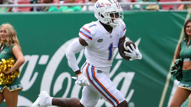 Florida Gators wide receiver Jacob Copeland (1) runs for a touchdown after making a catch during the second game of the season against the USF Bulls at Raymond James Stadium, in Tampa Fla. Sept. 11, 2021.

Flgai 09112021 Ufvs Usf Action09