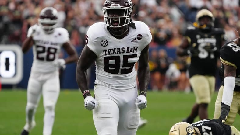 Sep 11, 2021; Denver, Colorado, USA; Texas A&M Aggies tight end Jalen Wydermyer (85) reacts in the fourth quarter against the Colorado Buffaloes at Empower Field at Mile High. Mandatory Credit: Ron Chenoy-USA TODAY Sports