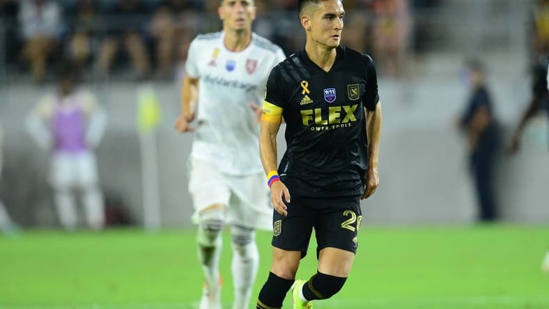 Sep 12, 2021; Los Angeles, California, USA; Los Angeles FC midfielder Eduard Atuesta (20) controls the ball against Real Salt Lake during the second half at Banc of California Stadium. Mandatory Credit: Gary A. Vasquez-USA TODAY Sports