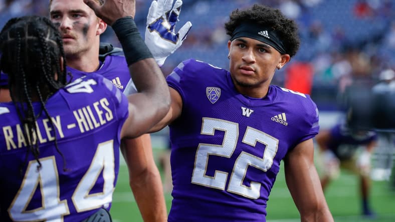 Sep 4, 2021; Seattle, Washington, USA; Washington Huskies defensive back Trent McDuffie (22) participates in pregame warmups against the Montana Grizzlies at Alaska Airlines Field at Husky Stadium. Mandatory Credit: Joe Nicholson-USA TODAY Sports