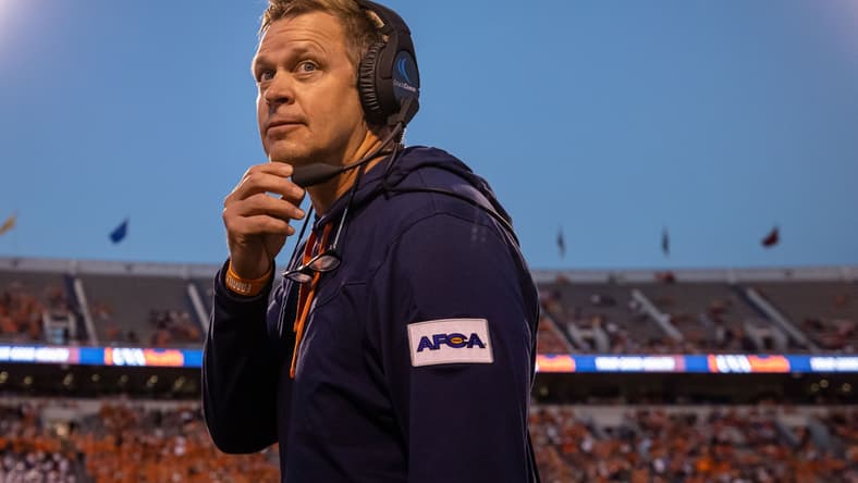 Sep 4, 2021; Charlottesville, Virginia, USA; Virginia Cavaliers head coach Bronco Mendenhall looks on during the game against William & Mary Tribe at Scott Stadium. Mandatory Credit: Scott Taetsch-USA TODAY Sports
