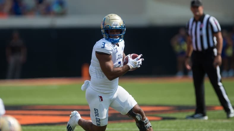 Sep 11, 2021; Stillwater, Oklahoma, USA;  Tulsa Golden Hurricane running back Shamari Brooks (3) runs the ball during the second quarter against the Oklahoma State Cowboys at Boone Pickens Stadium. The Cowboys won 28-23. Mandatory Credit: Brett Rojo-USA TODAY Sports