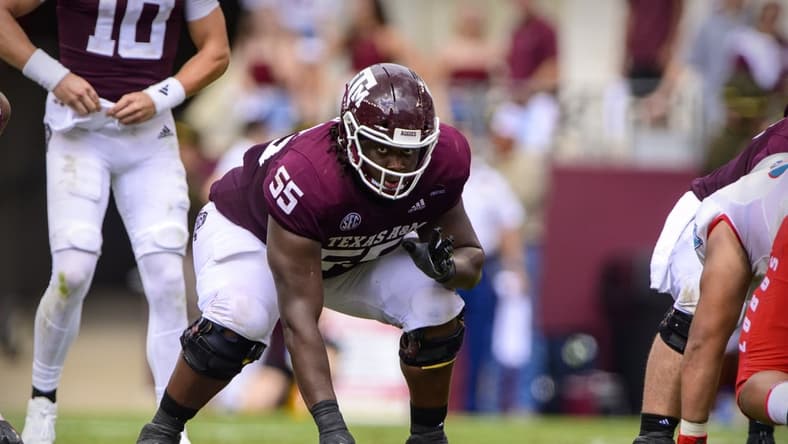 Sep 18, 2021; College Station, Texas, USA; Texas A&M Aggies offensive lineman Kenyon Green (55) in action during the game between the Texas A&M Aggies and the New Mexico Lobos at Kyle Field. Mandatory Credit: Jerome Miron-USA TODAY Sports