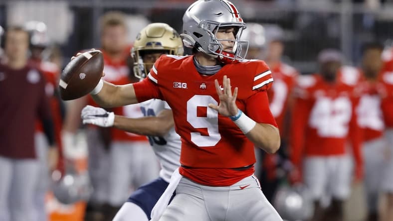 Sep 25, 2021; Columbus, Ohio, USA; Ohio State Buckeyes quarterback Jack Miller III (9) throws during the fourth quarter against the Akron Zips at Ohio Stadium. Mandatory Credit: Joseph Maiorana-USA TODAY Sports