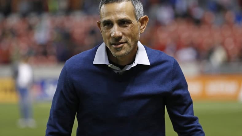 Sep 29, 2021; Sandy, Utah, USA; Real Salt Lake interim head coach Pablo Mastroeni walks the sideline prior to their game against the Los Angeles Galaxy at Rio Tinto Stadium. Mandatory Credit: Jeffrey Swinger-USA TODAY Sports