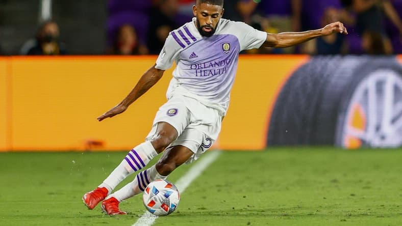 Oct 2, 2021; Orlando, Florida, USA;  Orlando City defender Ruan (2) keeps the ball in play during the second half against D.C. United at Orlando City Stadium. Mandatory Credit: Nathan Ray Seebeck-USA TODAY Sports