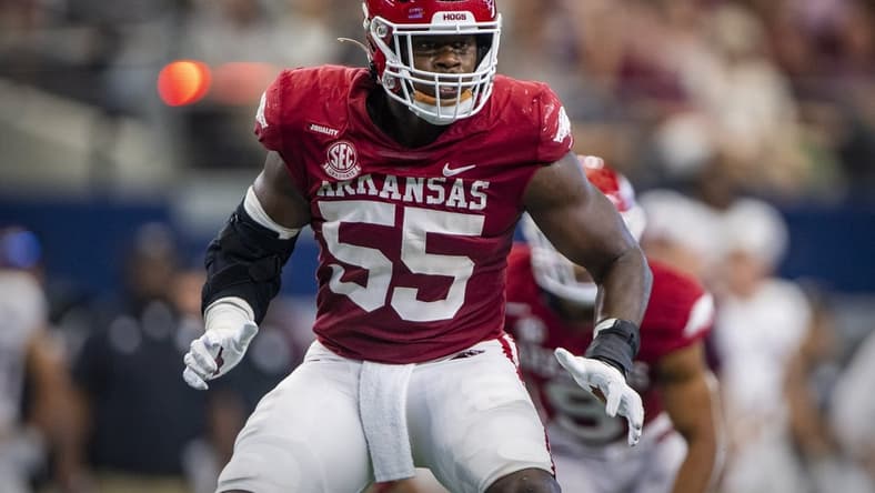 Sep 25, 2021; Arlington, Texas, USA; Arkansas Razorbacks defensive lineman Tre Williams (55) in action during the game between the Arkansas Razorbacks and the Texas A&M Aggies at AT&T Stadium. Mandatory Credit: Jerome Miron-USA TODAY Sports