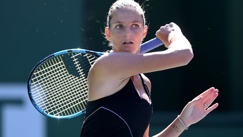 Oct 9, 2021; Indian Wells, CA, USA; Karolina Pliskova (CZE) hits a shot during her second round match against Magdalena Frech (POL) during the BNP Paribas Open at the Indian Wells Tennis Garden. Mandatory Credit: Jayne Kamin-Oncea-USA TODAY Sports