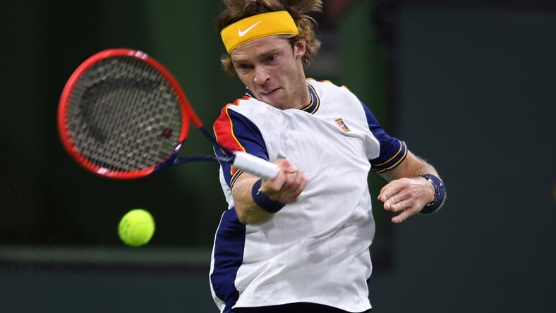 Oct 9, 2021; Indian Wells, CA, USA; Andrey Rublev (RUS) hits a shot against Carlos Taberner (ESP) at Indian Wells Tennis Garden. Mandatory Credit: Orlando Ramirez-USA TODAY Sports
