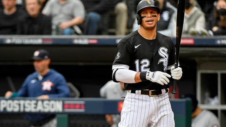 Oct 12, 2021; Chicago, Illinois, USA; Chicago White Sox second baseman Cesar Hernandez (12) reacts after striking out against the Houston Astros to end the fourth inning in game four of the 2021 ALDS at Guaranteed Rate Field. Mandatory Credit: Matt Marton-USA TODAY Sports