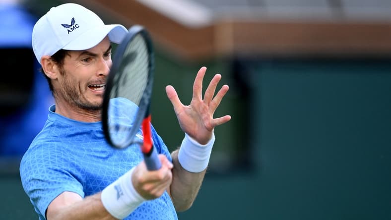 Oct 12, 2021; Indian Wells, CA, USA; Andy Murray (GBR) hits a shot against Alexander Zverev (GER) during a third round match in the BNP Paribas Open at the Indian Wells Tennis Garden. Mandatory Credit: Jayne Kamin-Oncea-USA TODAY Sports
