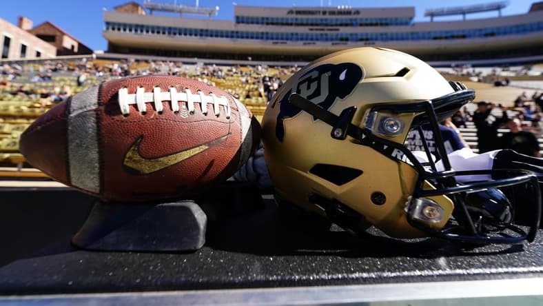 Oct 16, 2021; Boulder, Colorado, USA; General view of a Colorado Buffaloes helmet and football before the game against the Arizona Wildcats at Folsom Field. Mandatory Credit: Ron Chenoy-USA TODAY Sports