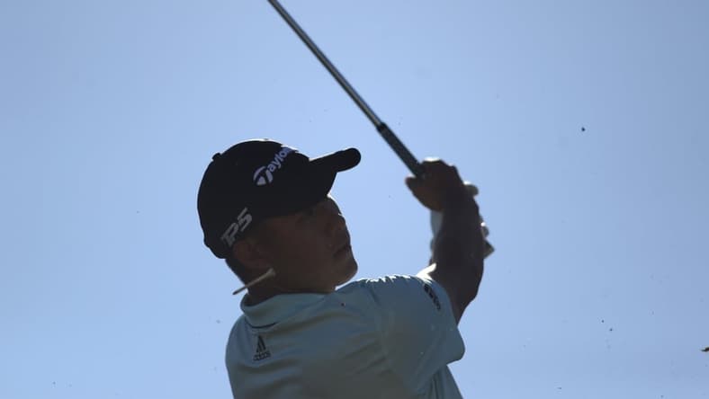 Oct 17, 2021; Las Vegas, Nevada, USA; Collin Morikawa tees off on the 16th during the final round of the CJ Cup golf tournament. Mandatory Credit: Joe Camporeale-USA TODAY Sports