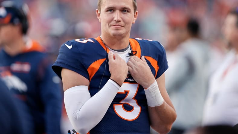 Oct 17, 2021; Denver, Colorado, USA; Denver Broncos quarterback Drew Lock (3) on the sideline in the fourth quarter against the Las Vegas Raiders at Empower Field at Mile High. Mandatory Credit: Isaiah J. Downing-USA TODAY Sports