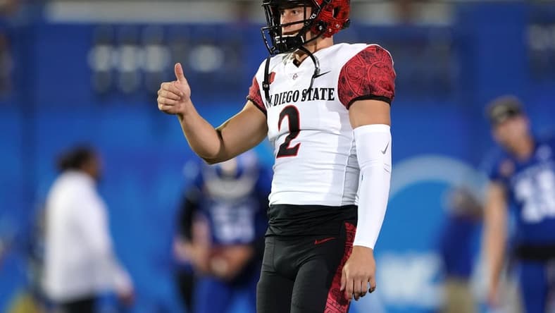 Oct 15, 2021; San Jose, California, USA; San Diego State Aztecs kicker Matt Araiza (2) gestures before the game against the San Jose State Spartans at CEFCU Stadium. Mandatory Credit: Darren Yamashita-USA TODAY Sports