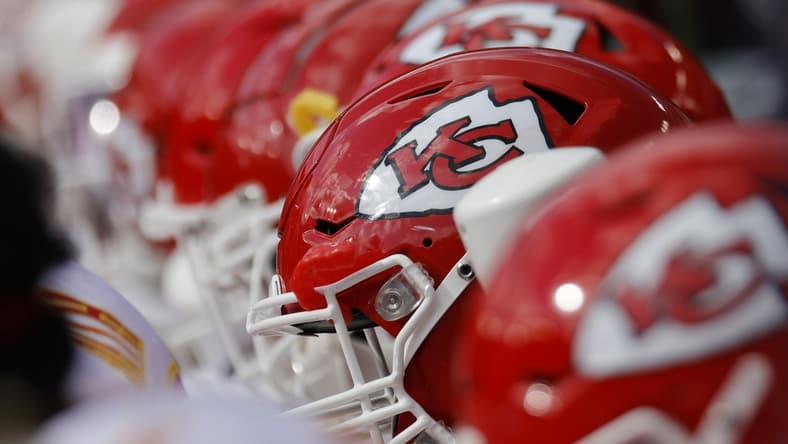 Oct 17, 2021; Landover, Maryland, USA; A view of Kansas City Chiefs players' helmets on the bench against the Washington Football Team at FedExField. Mandatory Credit: Geoff Burke-USA TODAY Sports