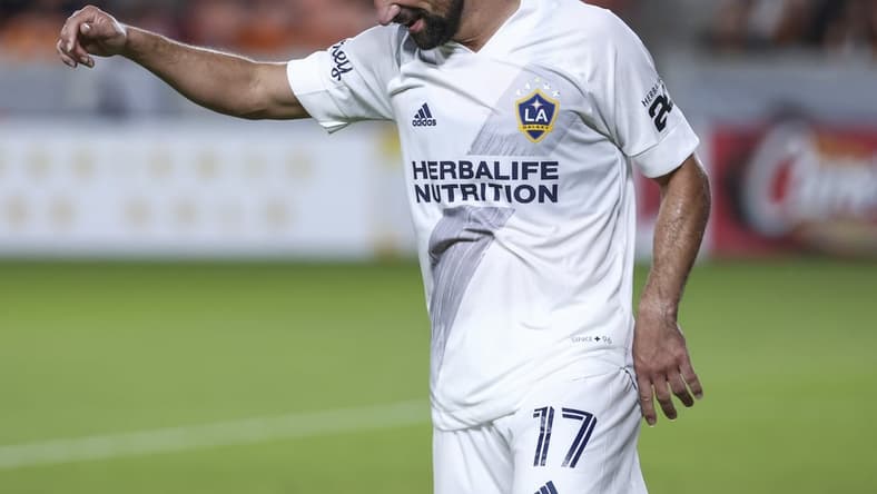Oct 20, 2021; Houston, Texas, USA; LA Galaxy midfielder Sebastian Lletget (17) reacts after a play during the second half against the Houston Dynamo FC at PNC Stadium. Mandatory Credit: Troy Taormina-USA TODAY Sports
